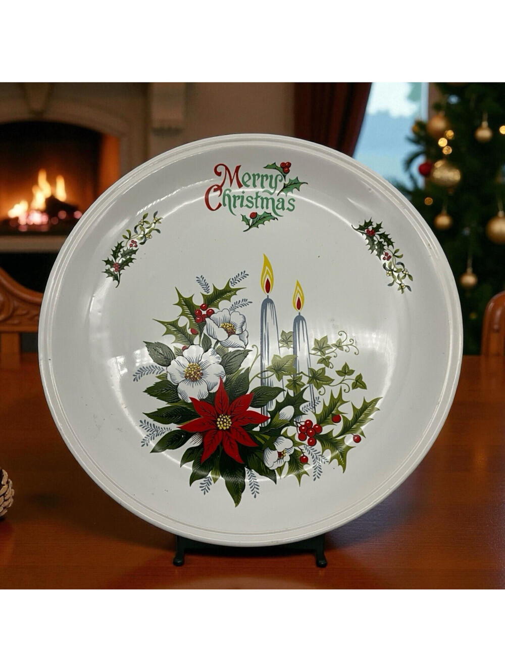 Merry Christmas Made In England Festive Serving Plate Candles Holly Poinsettia
